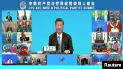 中共领导人习近平在中国共产党与世界政党领导人视频峰会上讲话。(2021年7月6日)