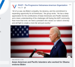Hội người Mỹ gốc Việt Cấp tiến - PIVOT, đăng bài của đài NBC News về người gốc Á ủng hộ cựu Phó Tổng thống Joe Biden.