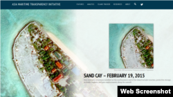 卫星图片显示越南对中国所称的敦谦沙洲(越南称山歌岛,英语为Sand Cay)填海造地(图片来源:CSIS网页截屏)