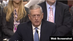 美国国防部长人选马蒂斯2017年1月12日在参议院核准听证会上作证(参议院军委会视频截图)