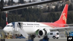 Boeing 737 Max 8 အမျိုးအစား လေယာဉ် Seattle မြို့ Boeing ကွင်းမှာ ရပ်ထားစဉ် (မတ်၊ ၁၄၊ ၂၀၁၉ )