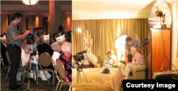 2005年全美《中缅印战场老兵协会》最后一度年会在华盛顿召开。卢百可专程从北京飞抵,日以继夜在宾馆房间和会场采访了那些正在离去的美国援华抗战老兵。左图:卢百可在会场实况录像;右图:卢百可在在一名老兵客房架机访谈其抗战经历。(RFA北明拍摄)