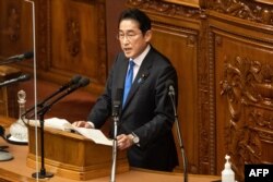 日本首相岸田文雄在东京的日本国会发表政策演讲。(2023年1月23日)