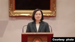 台湾总统蔡英文2023年1月27日在总统府的记者会讲话。前副总统陈建仁被任命为新阁揆,接替因九合一大选惨败而辞职的行政院长苏贞昌。(照片来源:台湾总统府)