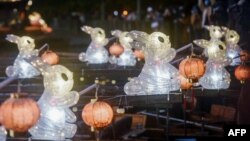 江苏省杭州西湖上迎接新春的兔子灯。(2023年1月11日)