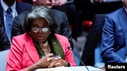 美国驻联合国大使琳达·托马斯·格林菲尔德(Linda Thomas-Greenfield)2022年10月5日在安理会上发言。(路透社)