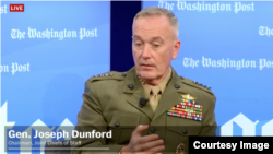 邓福德上将2018年12月6日出席一场讨论会(华盛顿邮报与美国防部视频截图)