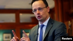 Hungarian Foreign Minister Peter Szijjarto gestures during an interview with Reuters in Budapest, Hungary, Jan. 27, 2017.