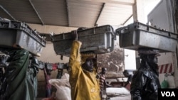 资料照片:人们在塞内加尔的乔尔海岸拖运一天的渔获,主要是较小的沙丁鱼。西非水域的过度捕捞已经耗尽了优质鱼类的资源。(2017年5月29日)