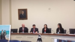 2013年10月29日,郭飞雄妻子张青与女儿杨天骄在美国国会听证会前会见记者。(美国之音叶兵拍摄)