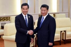 2014年11月9日中国国家主席习近平(右)在北京人民大会堂和香港特区行政长官梁振英会面握手