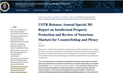 美国贸易代表办公室在4月29日发布的2020年度知识产权保护特别301报告中,继续将中国列入“重点观察国家”名单 (USTR 网站截图)