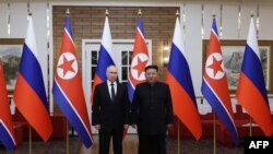 俄罗斯总统普京与朝鲜领导人金正恩在平壤会晤。(2024年6月19日)