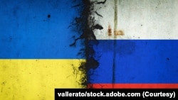由乌克兰与俄罗斯国旗组成的反映俄乌战争的图片。