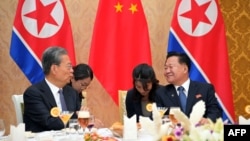 4月11日,中共中央政治局常委、中国全国人大常委会委员长赵乐际(左)与朝鲜劳动党中央政治局常委、最高人民会议常任委员会委员长崔龙海会晤。