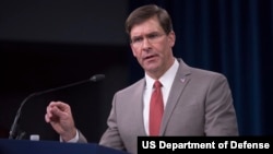 美国国防部长埃斯珀向媒体简报新冠病毒疫情(美国国防部2020年3月17日照片)