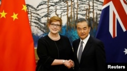 澳大利亚外长佩恩和中国外长王毅在北京钓鱼台国宾馆举行记者会时握手。(2018年11月8日)