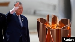 2020东京奥运组委会主席森喜朗在日本北部宫城县奥运火炬抵达仪式上。(2020年3月20日)