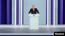 2023年2月21号,俄罗斯总统普京在莫斯科召开的俄联邦议会发表年度报告。