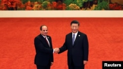 资料照片:2018年9月3日在北京人民大会堂举行的中非合作论坛期间,埃及总统阿卜杜勒·法塔赫·塞西(左)与中国国家主席习近平握手。