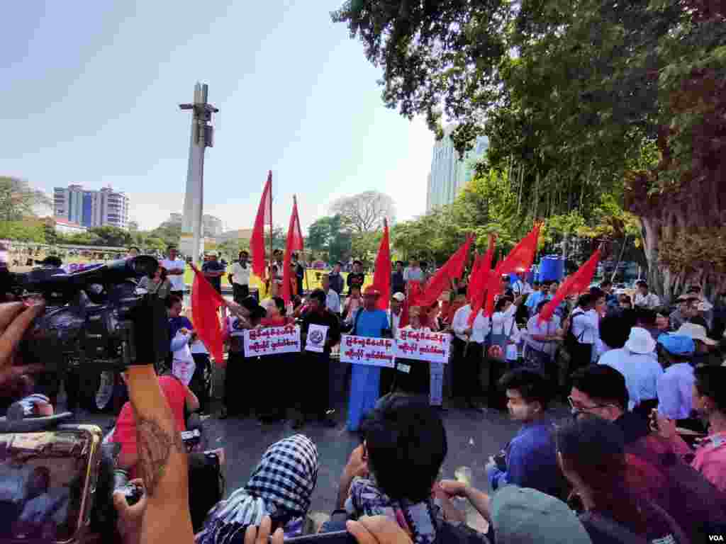 Activists stage a protest near City Hall in Myanmar's commercial city Yangon, calling for transparency in business ties with China on Saturday January 18, 2020