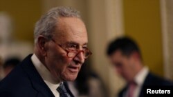 美国参议院多数党领袖、来自纽约州的民主党人舒默参加参议院每周政策午餐会后在国会大厦举行记者会。(12月5日)