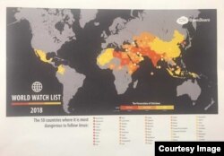 美国基督教迫害监察组织“敞开的门”公布“2018全球监察名单”。朝鲜排名第一,属于“极端迫害”国家。中国的排名从去年的39名降至43名,仍属“高度迫害”国家。 (Open Doors USA)