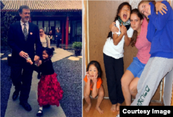 右:2014年公和人物、前中央民族学院美籍教师卢百可和他的女儿们。左:卢百可和小女儿,看这孩子的小鸟依人的动态神情,能知道这因祸得福的孩子有多幸福(卢百可提供)