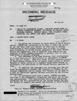 1950年6月30日,美军参谋长联席会议关于第七舰队派驻台湾海峡使命的文件