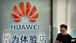 一名男子在北京一家购物中心的华为专卖店外使用智能手机。(2019年5月29日)