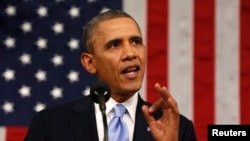 美国总统奥巴马在发表国情咨文演讲。