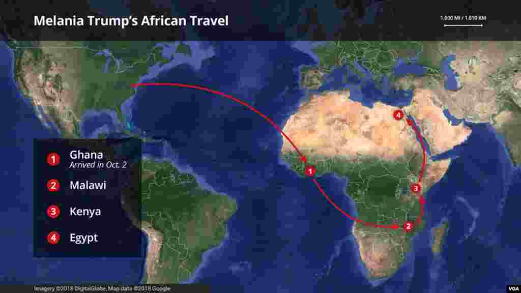 美国第一夫人梅拉尼娅·特朗普非洲之行路线图,在一周内先后前往加纳、马拉维、肯尼亚与埃及。她2018年10月2日抵达加纳首都阿克拉。特朗普行政当局提出的预算建议中要求大幅缩减对非洲的人道援助项目,不过这项建议在国会受阻。