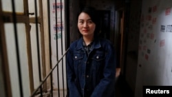 被拘留维权律师王全璋的妻子李文足在北京(2018年4月12日)。