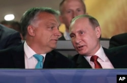 Russian President Vladimir Putin, right, talks to Hungarian Prime Minister Viktor Orban after arriving at the World Judo Championships in Budapest, Hungary, Aug. 28, 2017.