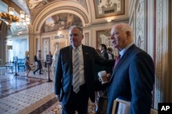 美国参议院外交委员会委员卡丁(右)和凯恩抵达华盛顿国会山(2017年8月3日)