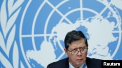 联合国缅甸事实调查组组长达鲁斯曼2018年9月18日在日内瓦见记者(路透社)