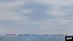 多艘集装箱船在美国洛杉矶港口外排队等候进入港口。(2021年10月6日)