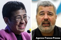 资料照:菲律宾记者雷萨(Maria Ressa左)和俄罗斯立场独立的“新报”总编辑穆拉托夫(Dmitri Muratow)获得2021年诺贝尔和平奖。