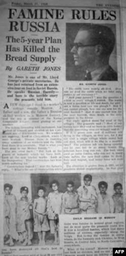 "Голод править Росією". Стаття Ґарета Джонса вийшла у Лондонській газеті "Evening Standard" 31-го березня 1933-го року.