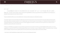 Tuyên bố của TNS Jim Risch nhân dịp kỷ niệm 25 quan hệ Mỹ - Việt.