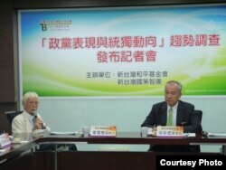 新台湾国策智库董事长吴荣义(右)和新台湾国策智库创办人辜宽敏(左)出席“政党表现与统独动向”民调结果记者会(新台湾国策智库提供)