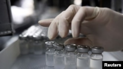 资料照片:一名员工在巴西圣保罗的布坦坦研究所处理装有科兴生物技术公司开发的新冠病毒疫苗。(2021年1月12日)