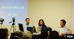 中国经济学者何清涟和中国政治与经济学者程晓农(右) 2017年6月24日在华盛顿地区参加波托马克文化沙龙研讨会。