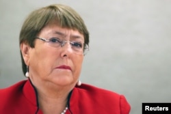 联合国人权事务高级专员米歇尔·巴切莱特在日内瓦出席联合国人权理事会会议。(2020年2月24日)