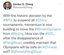 美中问题专家、著名评论人士章家敦也通过推特力挺WTA。(网页截屏)