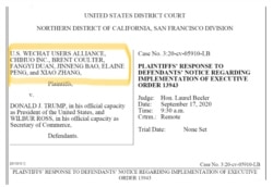 “微信用户联盟”2020年起诉反对特朗普总统的微信禁令时,个体原告都使用了实名。(网络截屏)