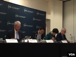 乔治华盛顿大学萨特教授(左一)在研讨会上(美国之音莉雅拍摄)