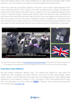 亲中国的政治网络“垃圾邮件龙”发布在YouTube上的一段视频,扰乱美国政治舆论,却在展现美国混乱的视频中用了英国的图像。(图片来源:社交媒体监测公司Graphika的报告。)