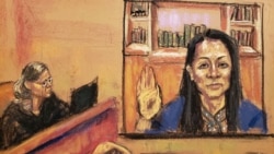 法庭速写呈现孟晚舟9月24日从加拿大视频出席纽约东区联邦地区法院听证会的现场。(2021年9月24日)