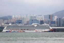 停泊在香港启德游轮码头的世界梦号游轮。台湾当局为防范新冠病毒感染拒绝让该游轮驶入高雄港。(2020年2月5日)